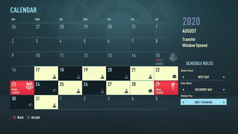 calendario entrenamiento modo carrera fifa 21