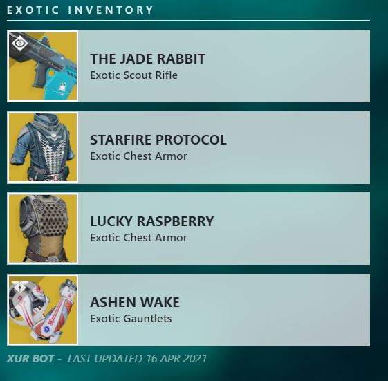 inventario xur 16 abril 2021
