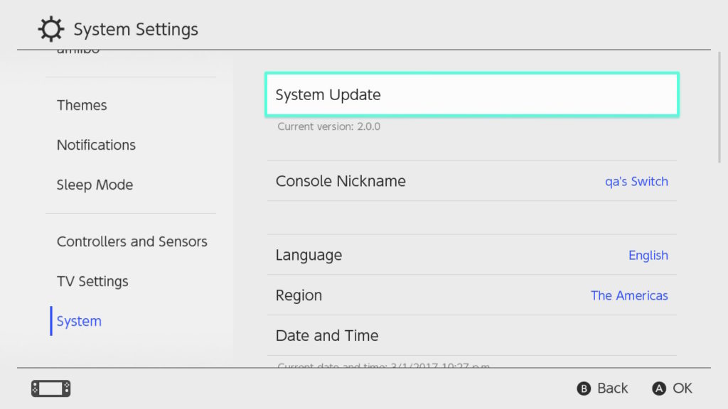 actualizacion sistema nintendo switch pantalla de version