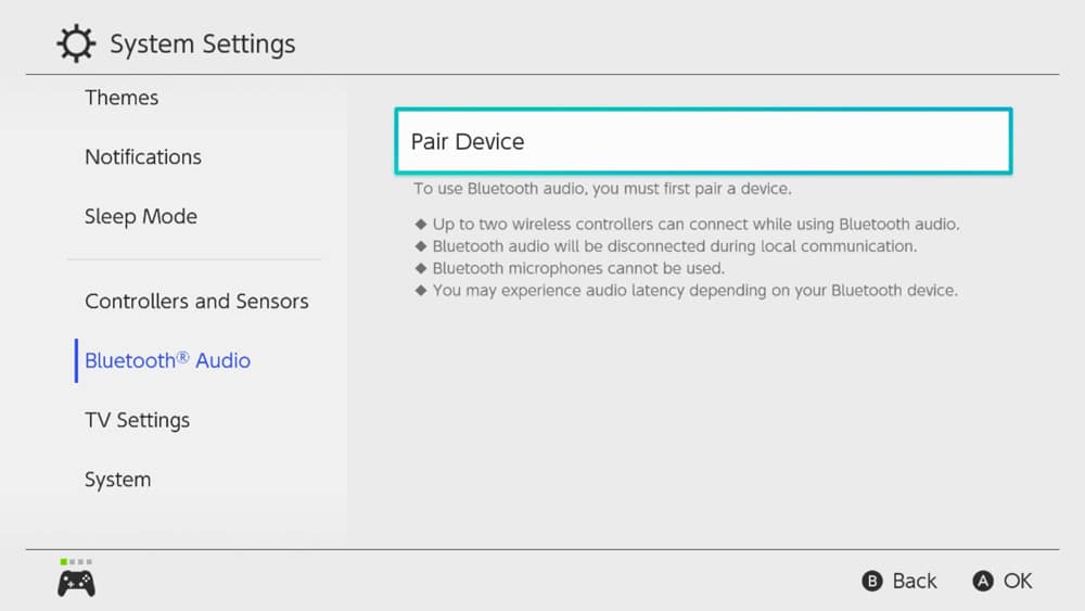 nintendo switch ajustes del sistema pestaña de bluetooth audio