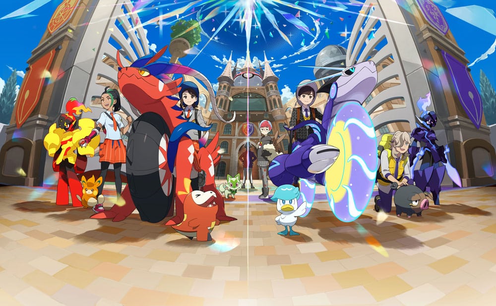 pokemon escarlata purpura arte oficial en ciudad