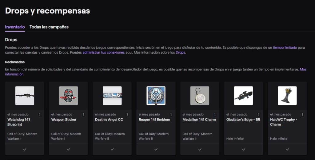 twitch drops pantalla de recompensas