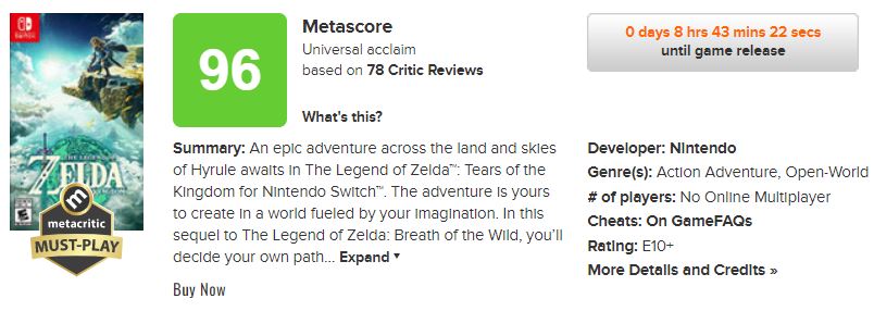 tears of the kingdom metacritic