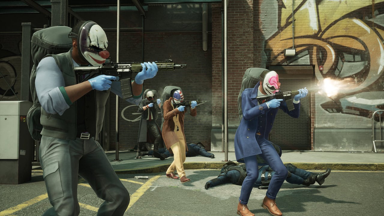 Payday 3 banda cuatro escapando disparando